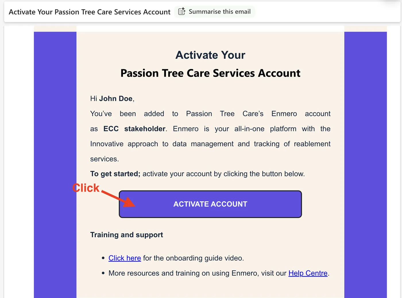 Invite email with an arrow pointing to the Activate Account button