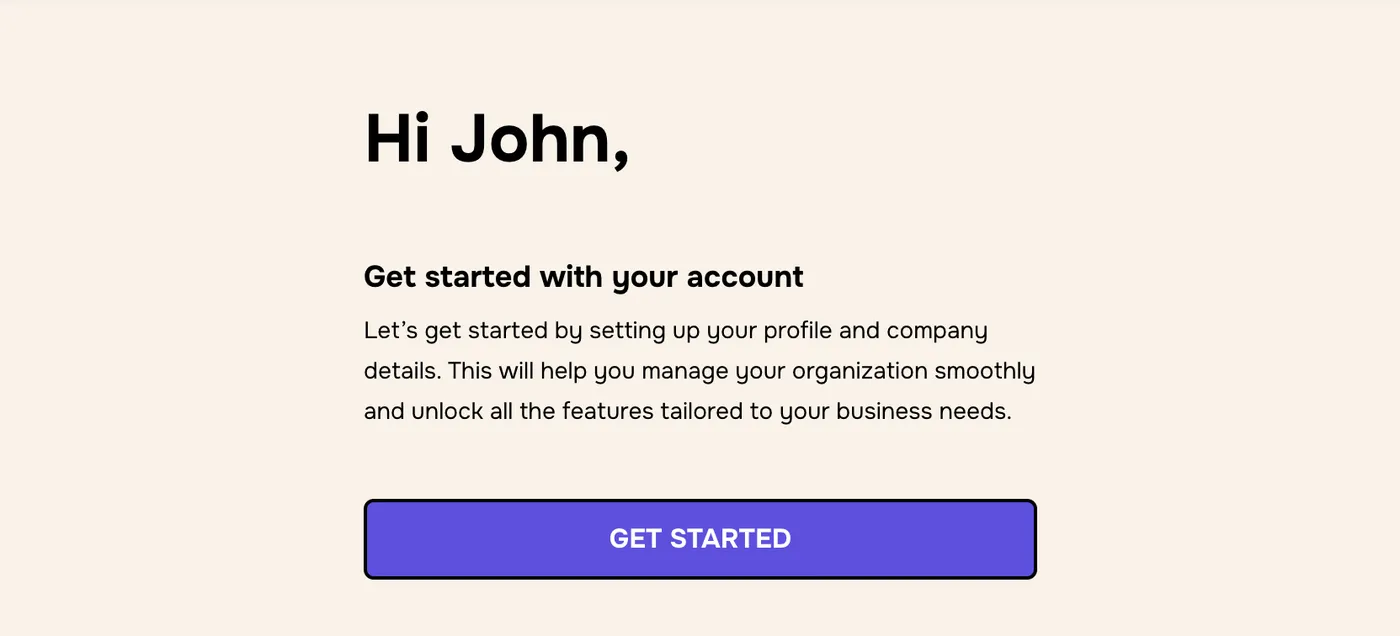 Welcome screen reading Hi John, with a Get Started button