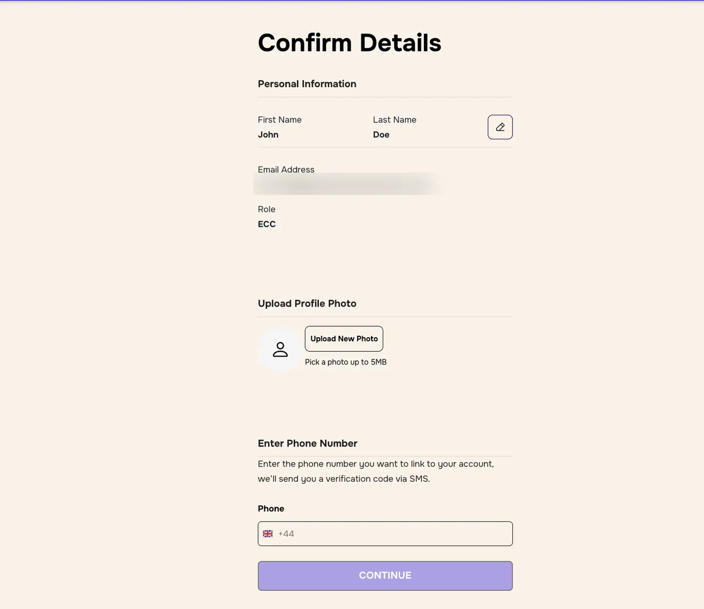 Confirm Details screen with name, email, role, photo upload and phone number field