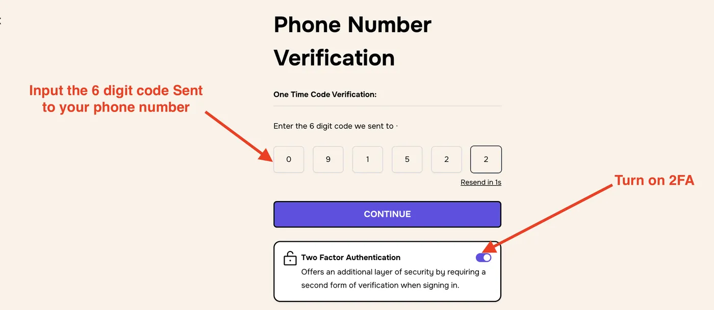Phone Number Verification screen with a 6-digit code entered and the Two Factor Authentication toggle on
