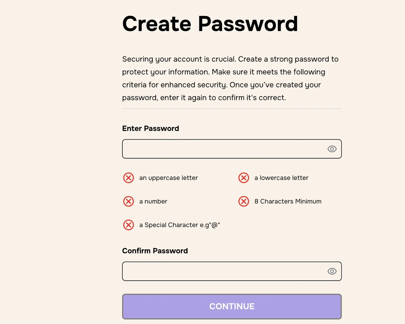 Create Password screen with all rules marked with red crosses