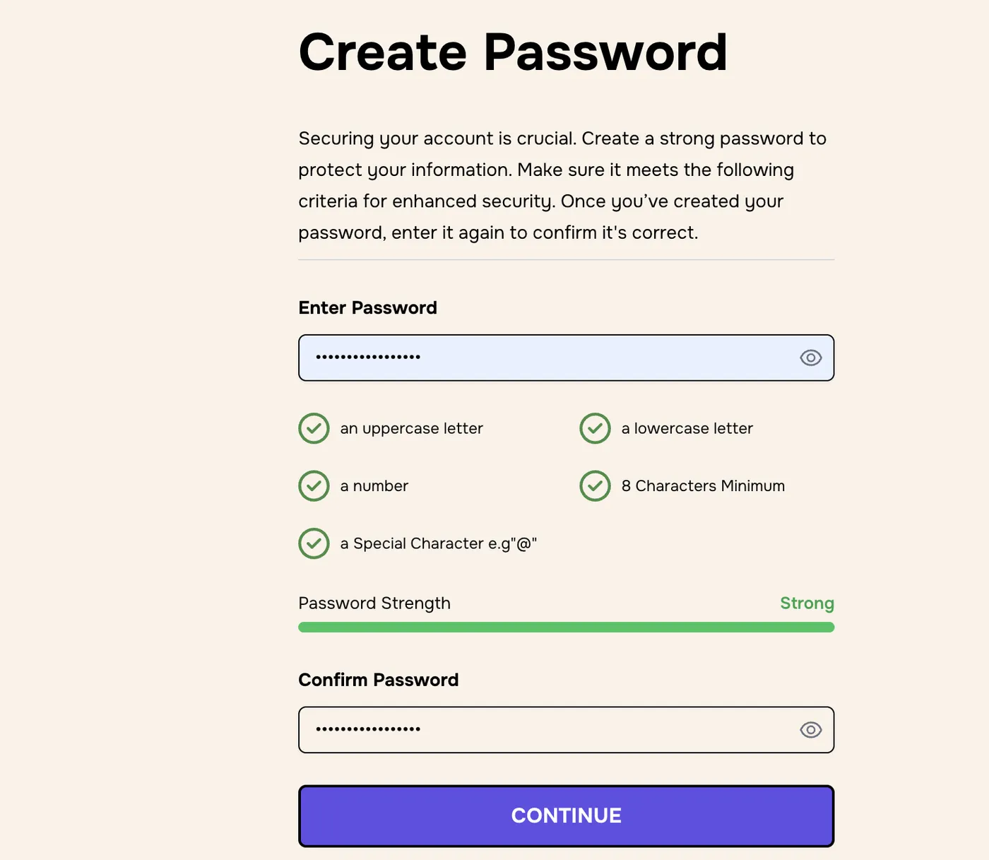 Create Password screen with all rules ticked and strength Strong