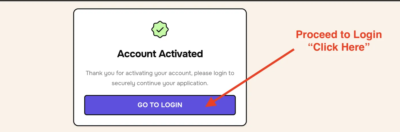 Account Activated pop-up with a Go To Login button