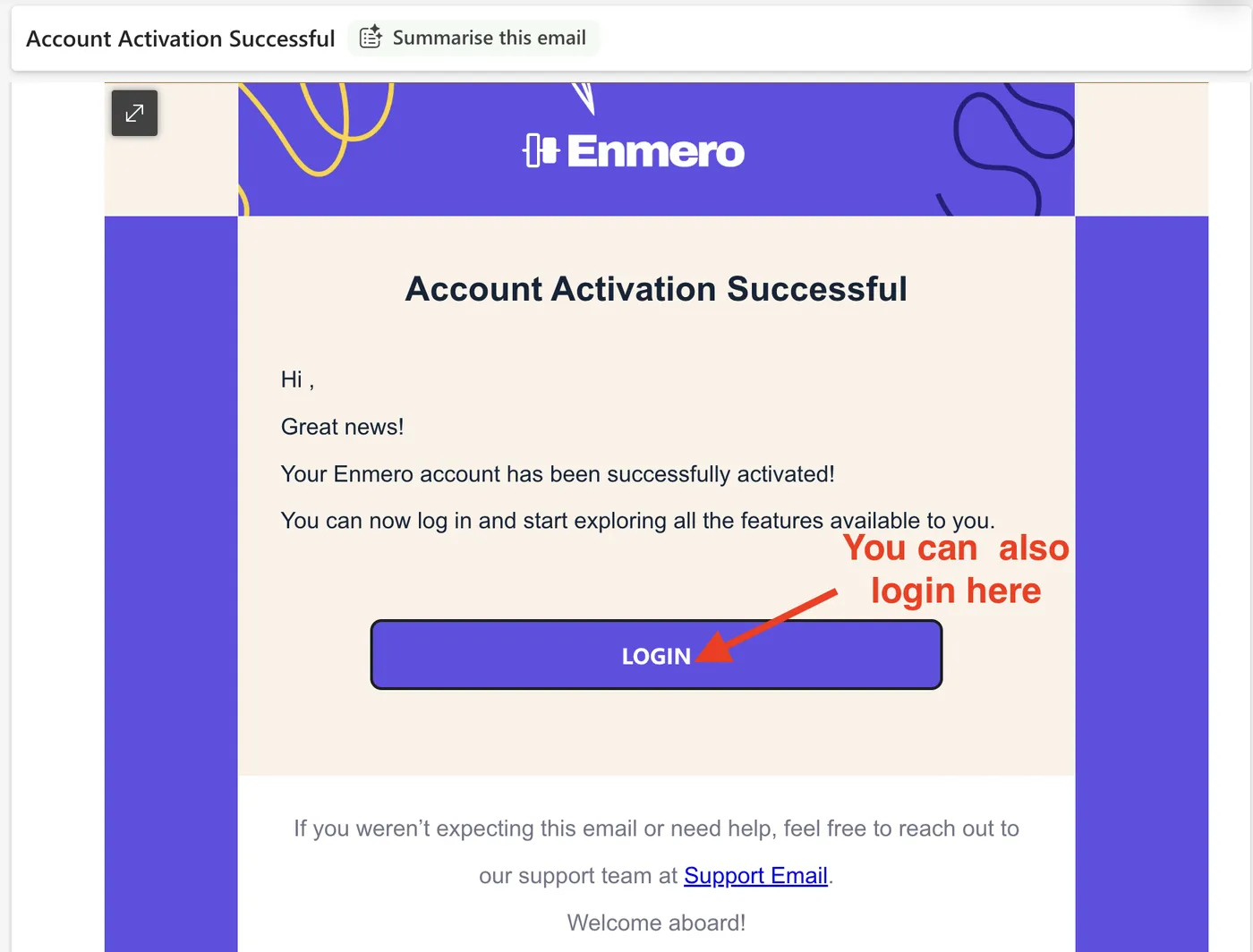 Account Activation Successful email with an arrow pointing to the Login button