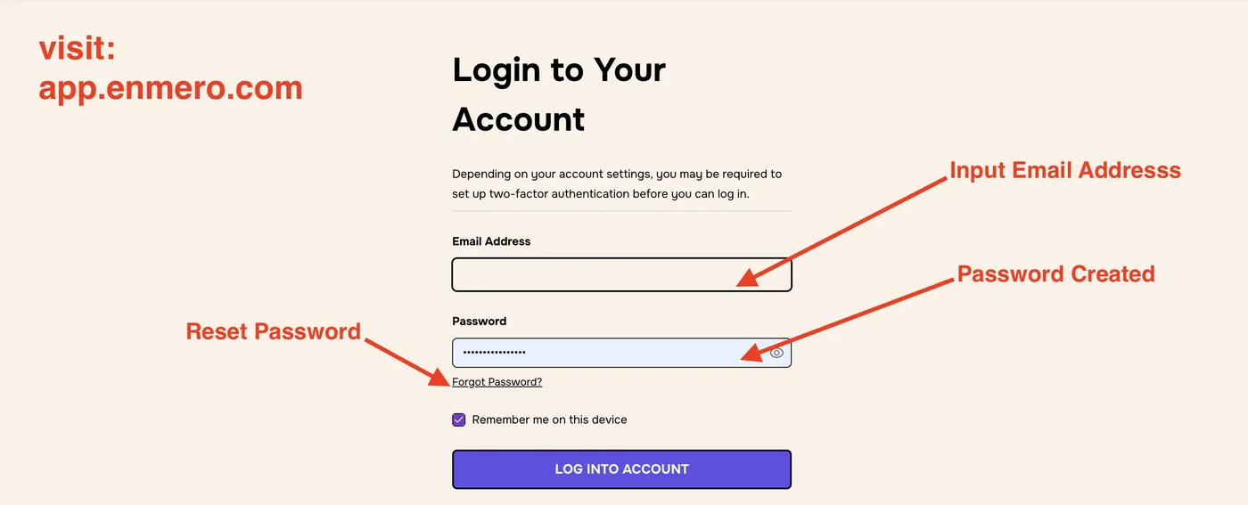 Login to Your Account page with arrows to the Email Address field, Password field and Forgot Password link