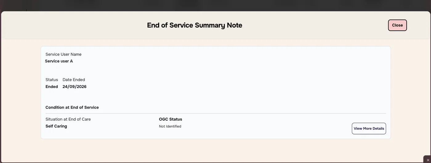 End of Service Summary Note with name, status Ended, date ended, situation Self Caring and OGC Status Not Identified