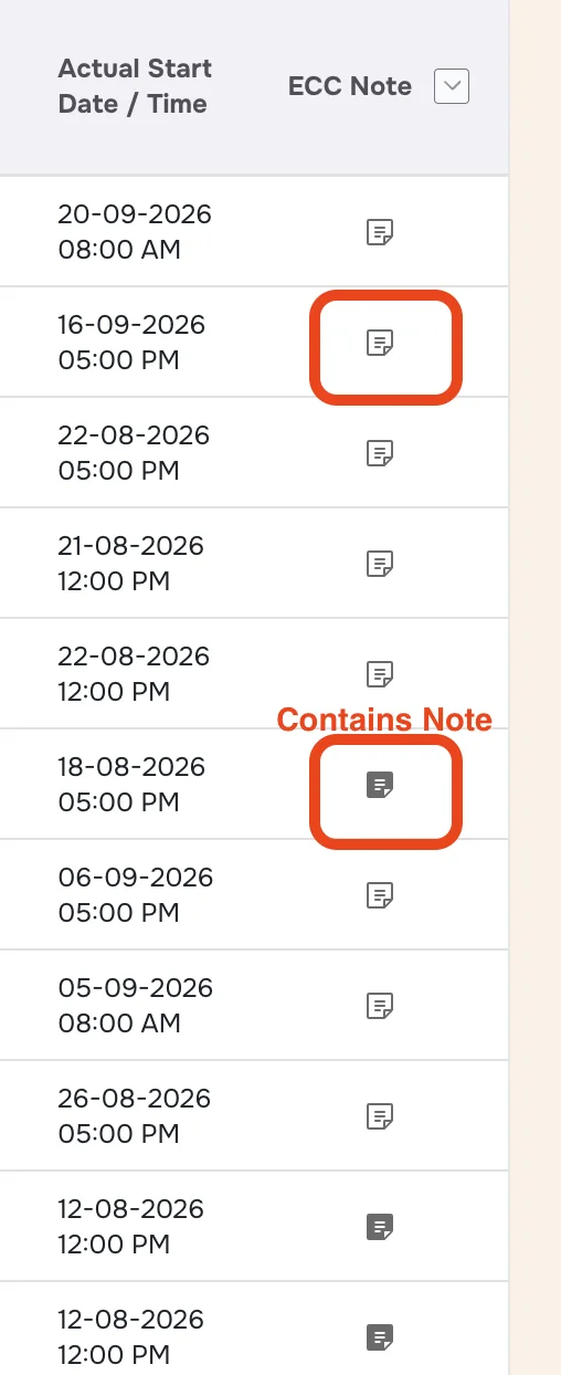 ECC Note column with outline icons and filled icons, one labelled Contains Note