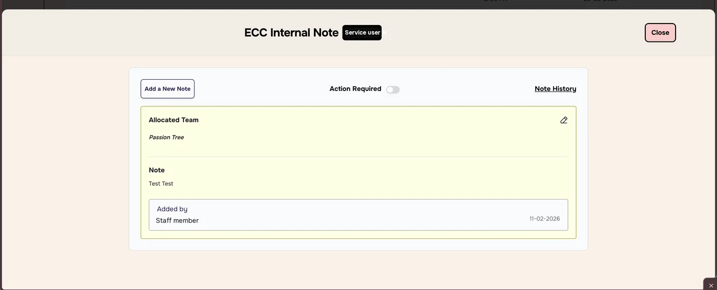 ECC Internal Note window with Add a New Note, Action Required switch, Note History, and a note showing Allocated Team, Note and Added by