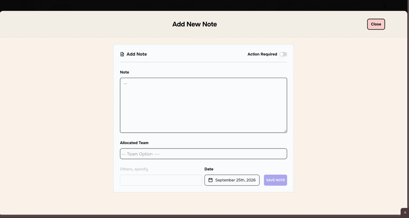 Add New Note form with Action Required switch, Note box, Allocated Team, Others specify, Date and Save Note button