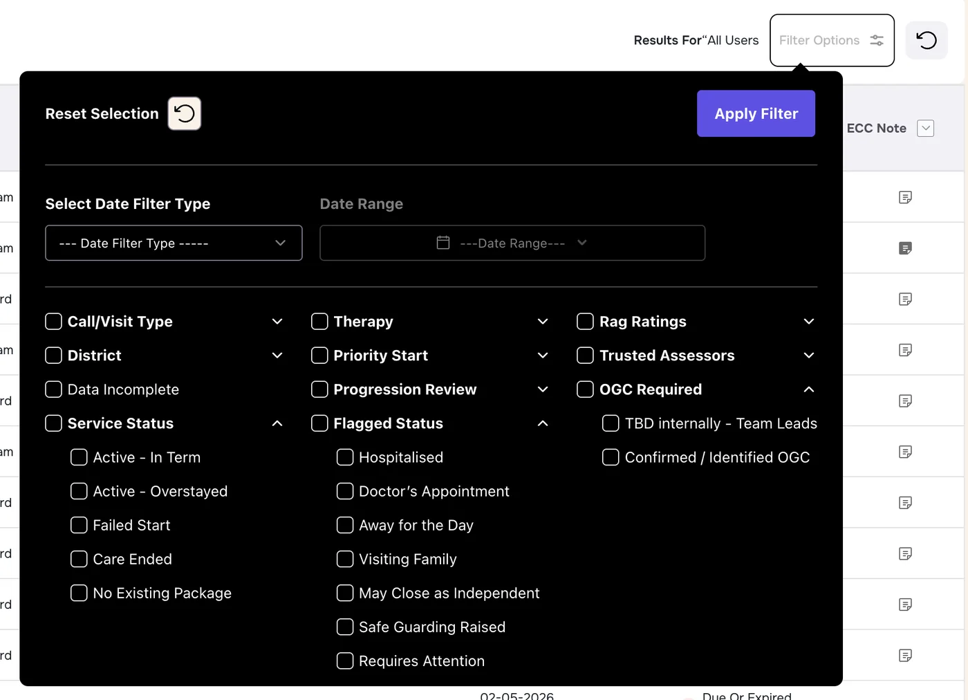 Filter Options panel with date filters, Service Status, Flagged Status, OGC Required and other filter groups