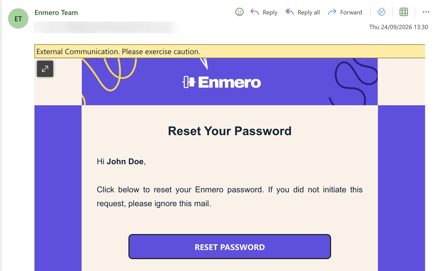 Reset Your Password email from Enmero Team with a Reset Password button