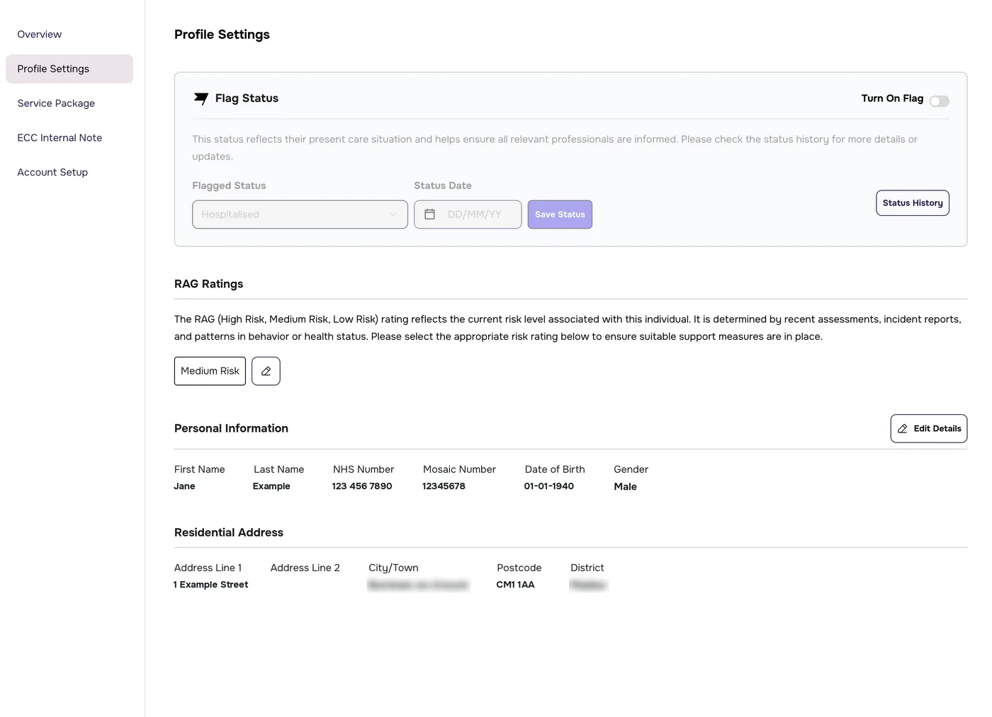 Profile Settings with Flag Status, RAG Ratings, Personal Information and Residential Address
