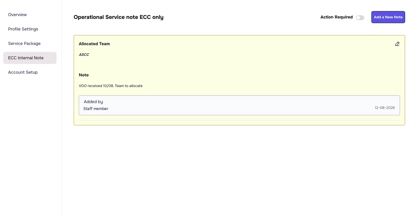Operational Service note ECC only page with Action Required switch, Add a New Note button and a note card