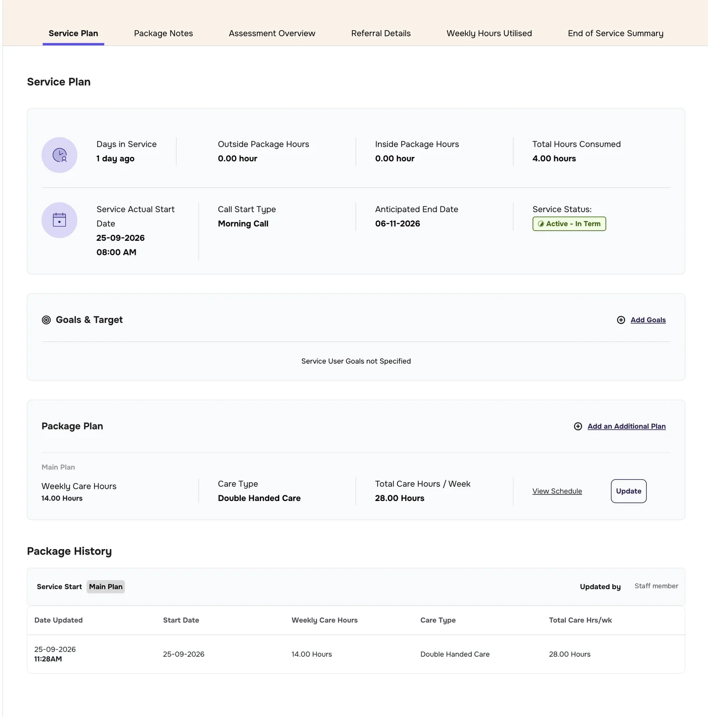 Service Plan tab showing the service summary, Goals and Target, Package Plan with a Main Plan, and Package History