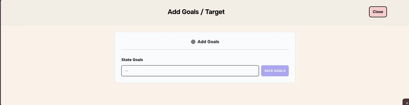 Add Goals / Target window with a State Goals box and Save Goals button