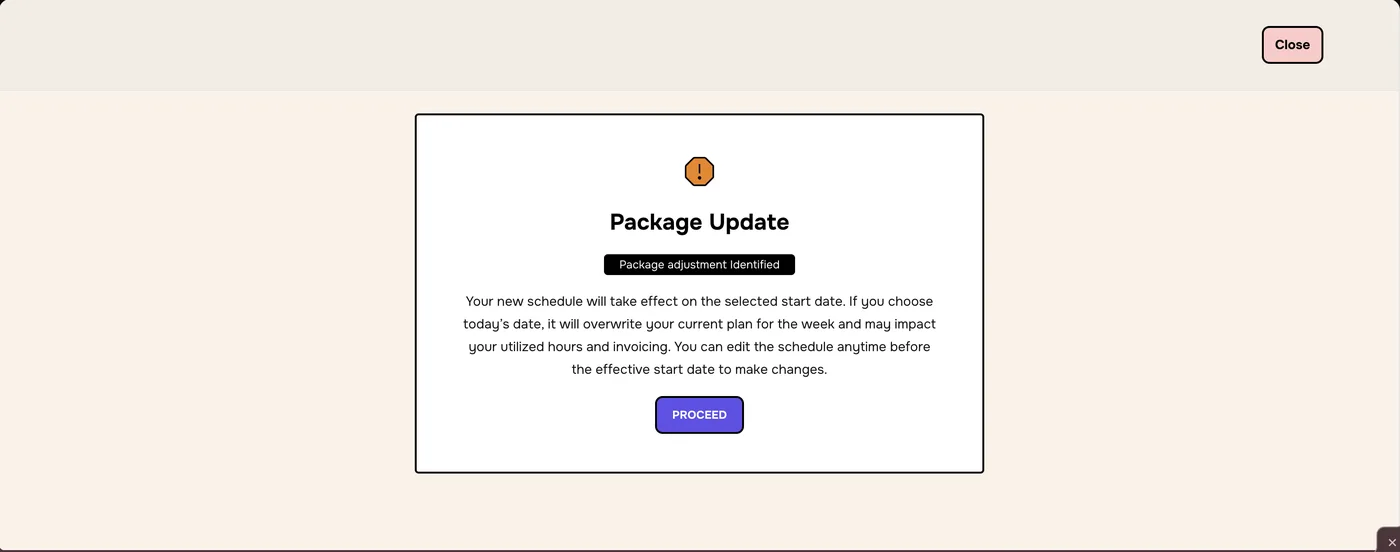 Package Update notice: Package adjustment Identified, with a Proceed button
