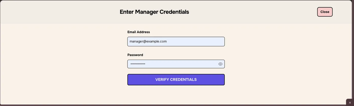 Enter Manager Credentials window with Email Address, Password and Verify Credentials