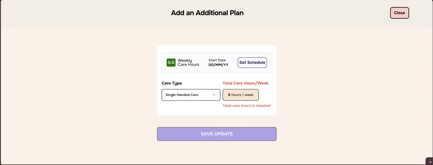 Add an Additional Plan with 0.0 weekly hours and the error Total care hours is required
