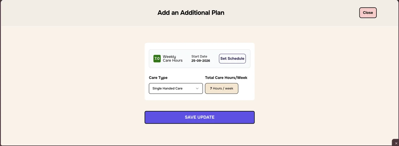 Add an Additional Plan with 7.0 weekly hours, a start date, Single Handed Care and 7 hours a week