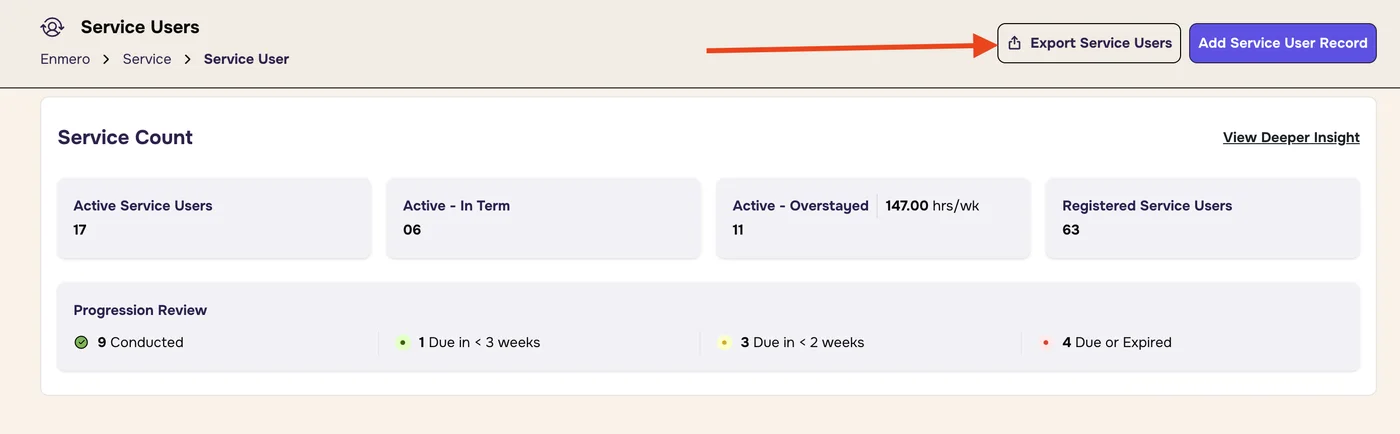 Service Users page with an arrow pointing to the Export Service Users button