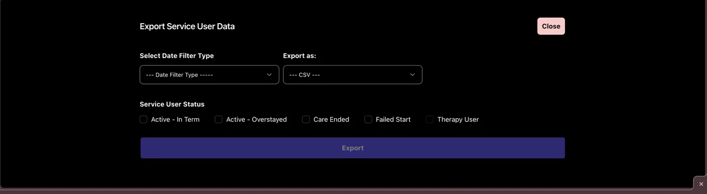 Export Service User Data window with Select Date Filter Type, Export as, Service User Status tick boxes and Export