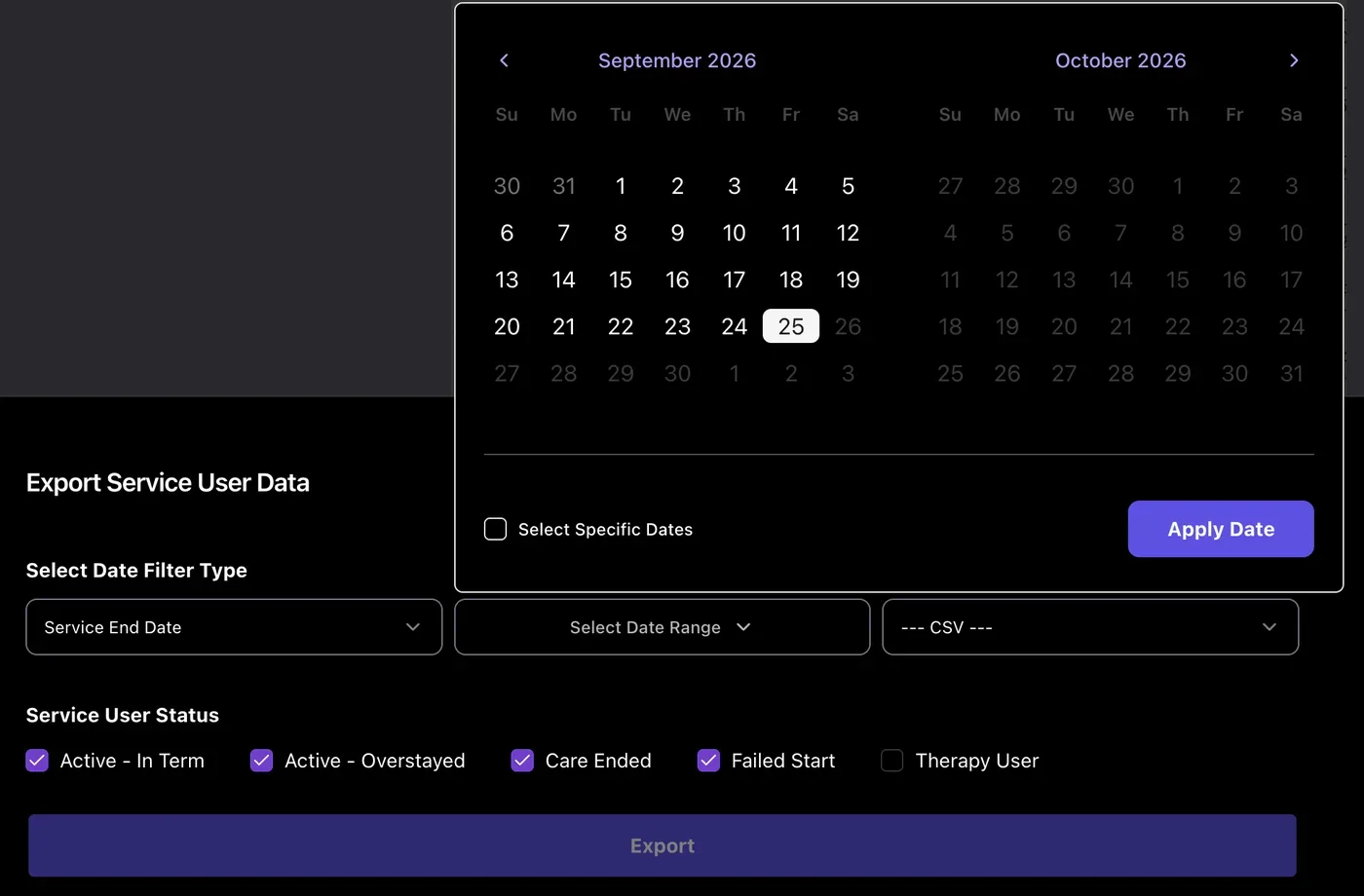 Date range calendar showing September and October 2026 with Select Specific Dates and Apply Date