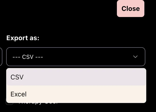Export as menu with CSV and Excel options