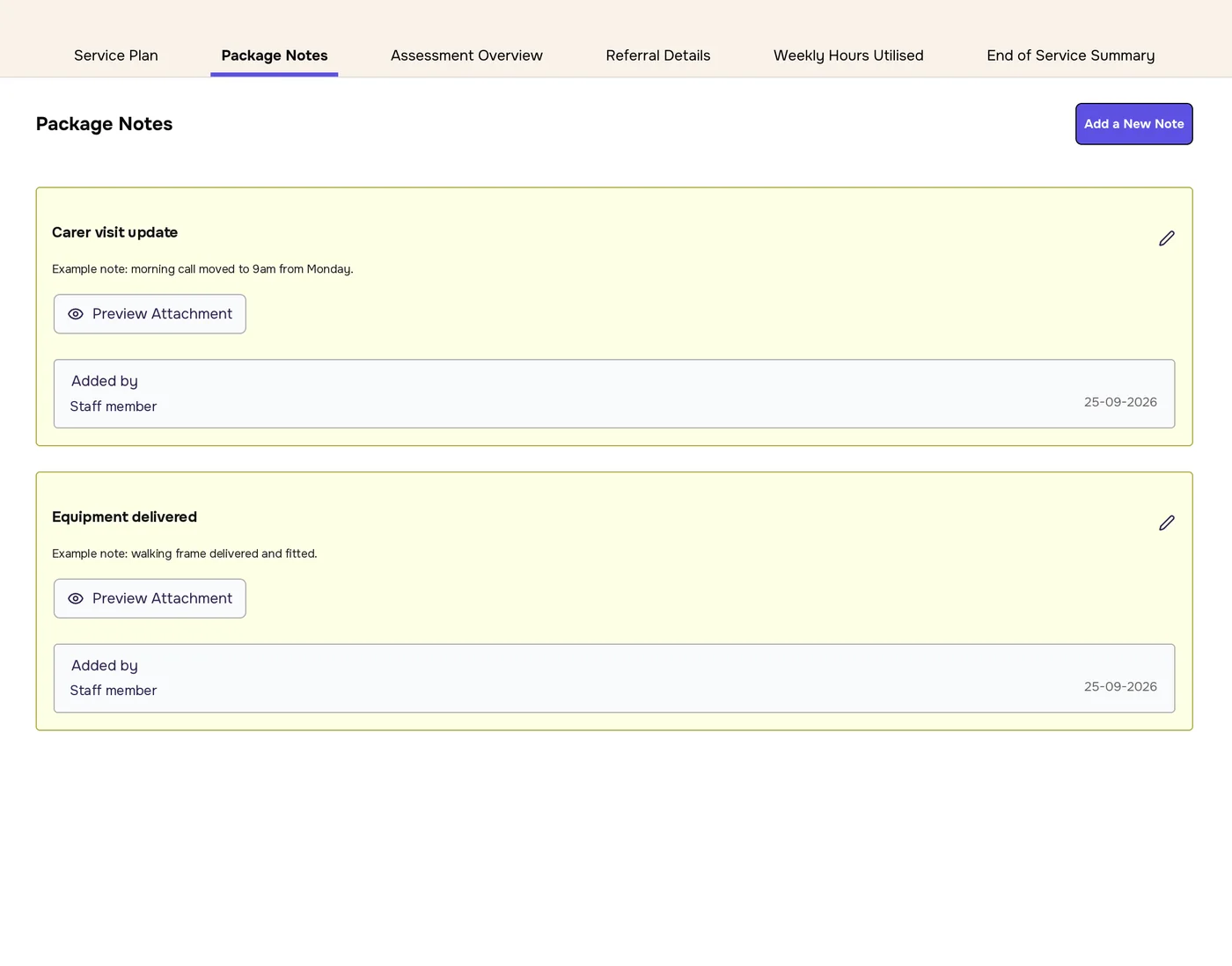 Package Notes tab with an Add a New Note button and two note cards, each with a title, note, Preview Attachment button, Added by and date