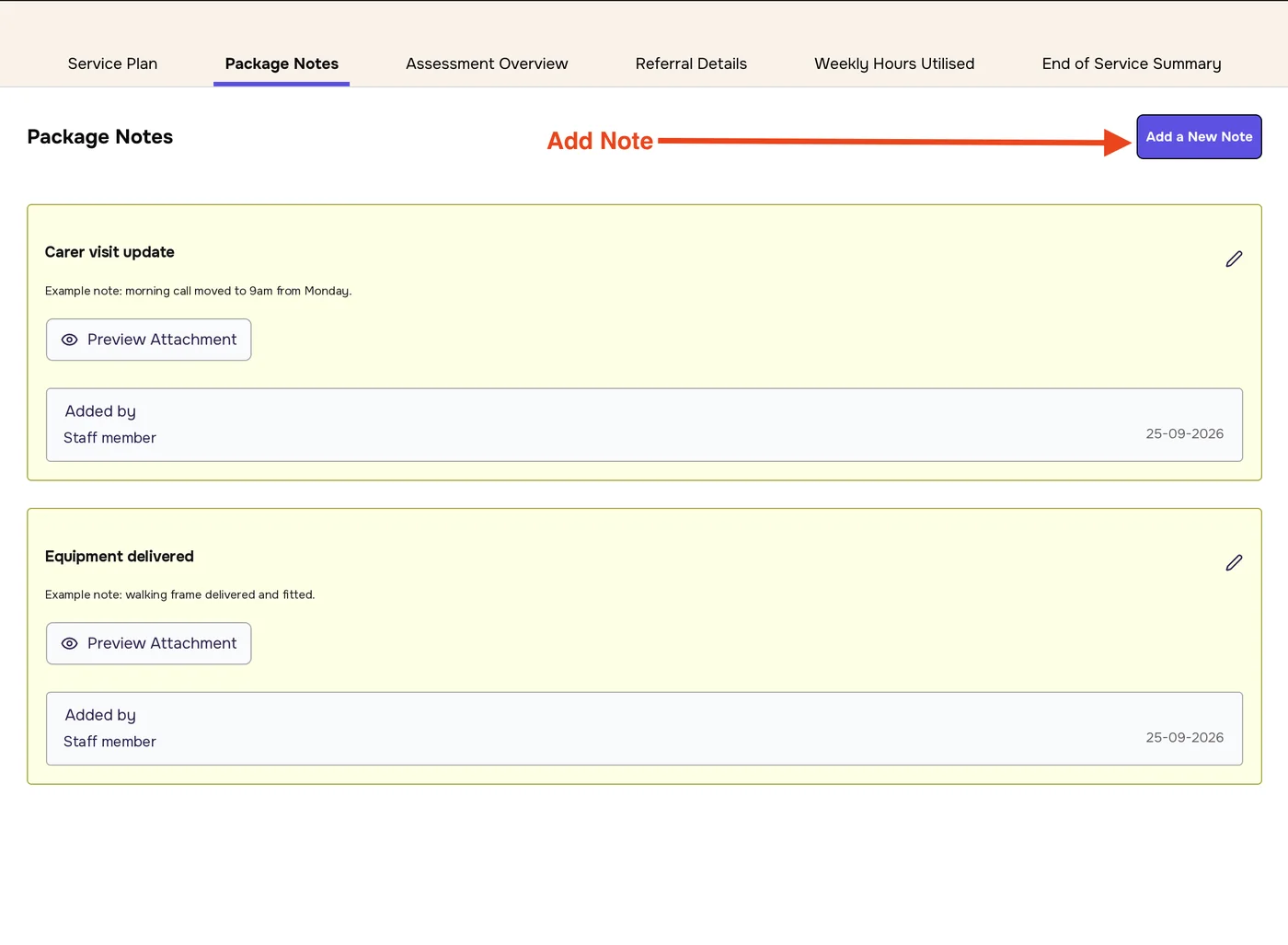 Package Notes tab with an arrow labelled Add Note pointing to the Add a New Note button