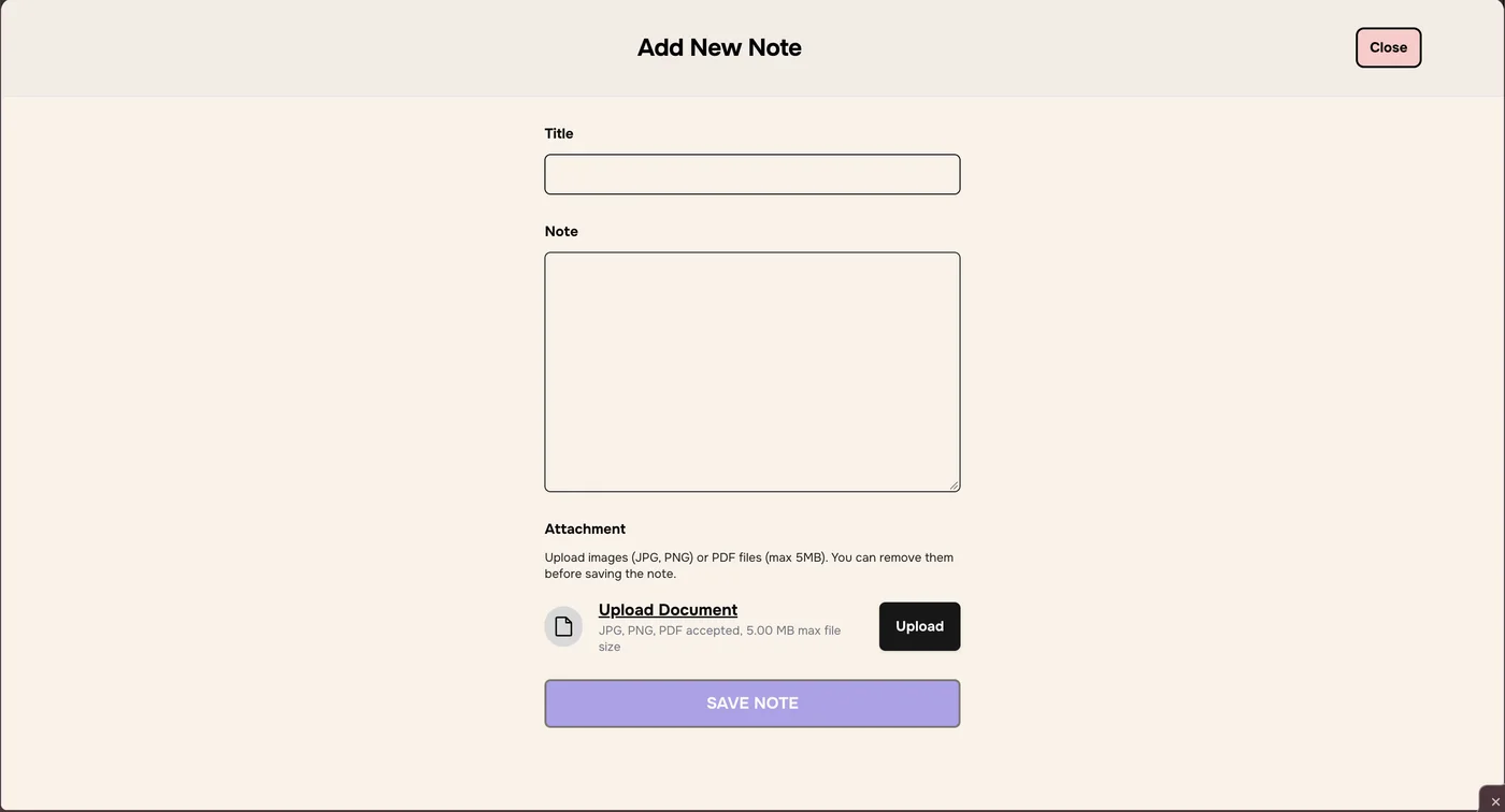 Add New Note window with Title, Note, an Attachment section with Upload Document and Upload button, and a greyed-out Save Note button
