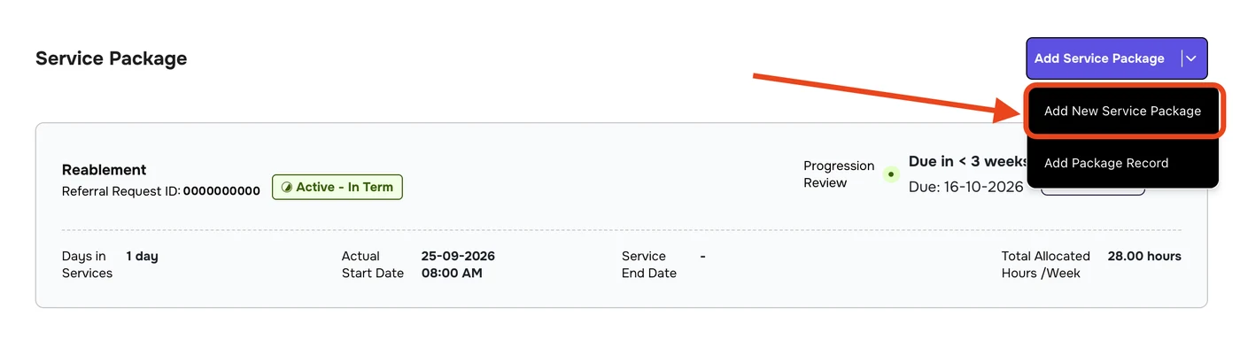 Service Package page with the Add Service Package menu open and Add New Service Package highlighted above Add Package Record
