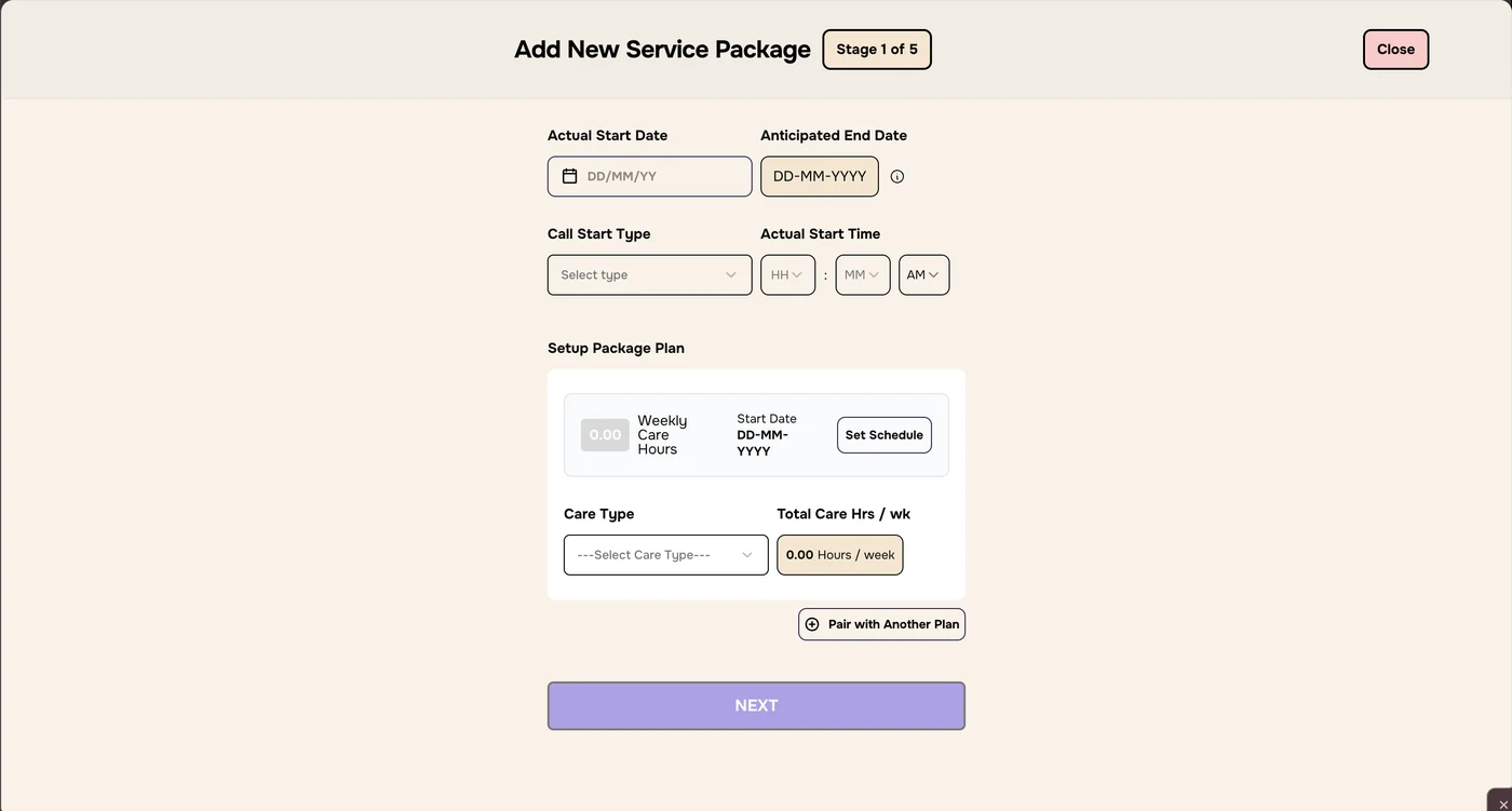 Empty Stage 1 of 5 Add New Service Package form with start date, end date, call start type, start time, Setup Package Plan and a greyed-out NEXT button
