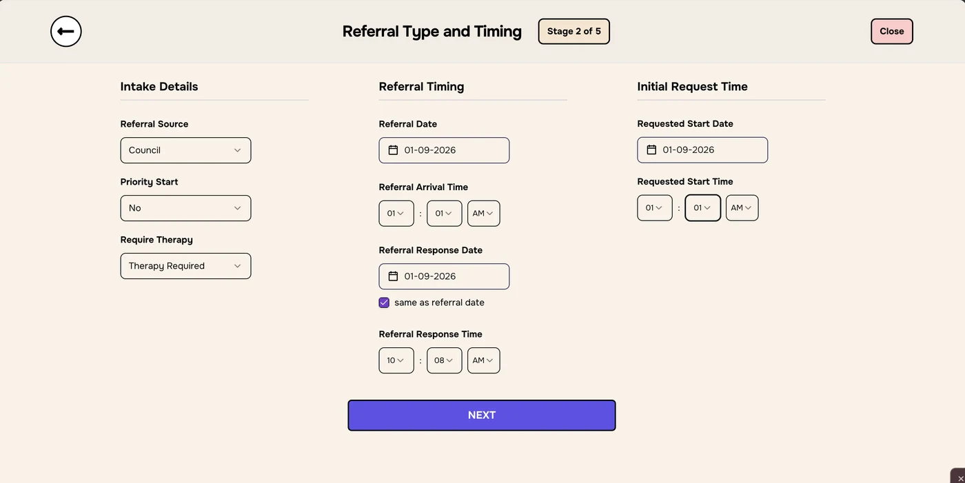 Stage 2 of 5 Referral Type and Timing with Intake Details, Referral Timing and Initial Request Time columns