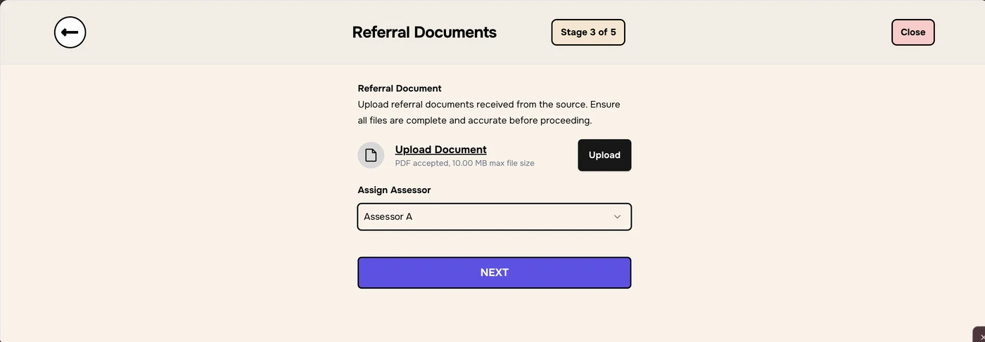 Stage 3 of 5 Referral Documents with Upload Document, an Upload button and an Assign Assessor menu