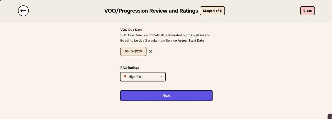 Stage 4 of 5 with a VOO Due Date of 16-10-2026 and RAG Ratings set to High Risk