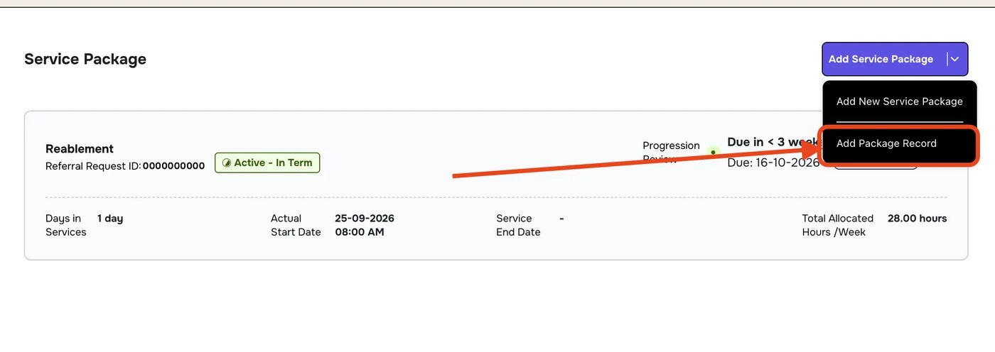Service Package page with the Add Service Package menu open and Add Package Record highlighted