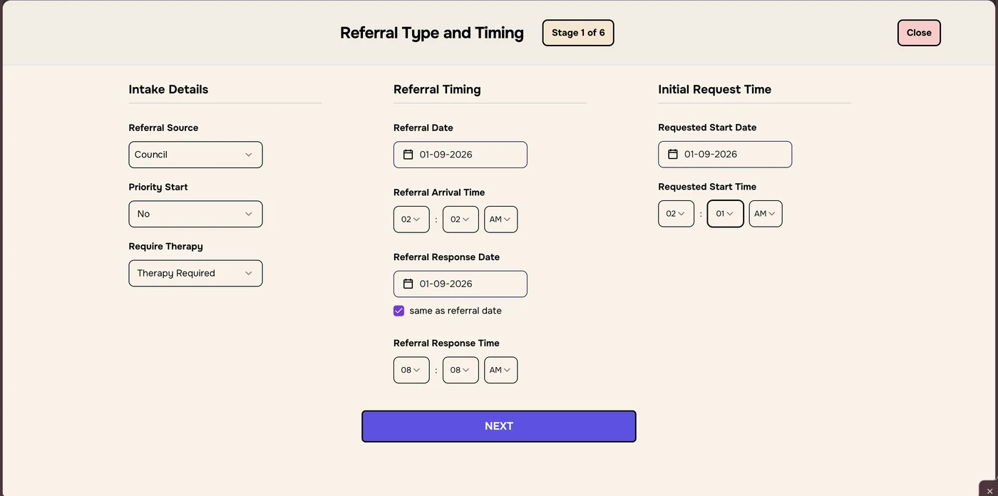 Stage 1 of 6 Referral Type and Timing, filled in