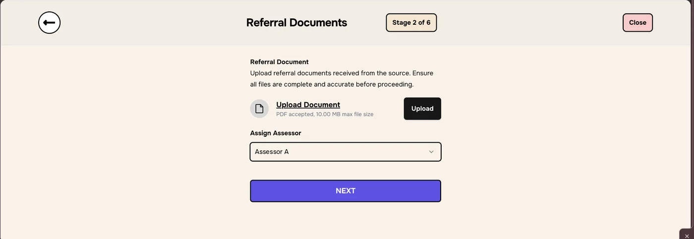 Stage 2 of 6 Referral Documents with Upload Document and Assign Assessor