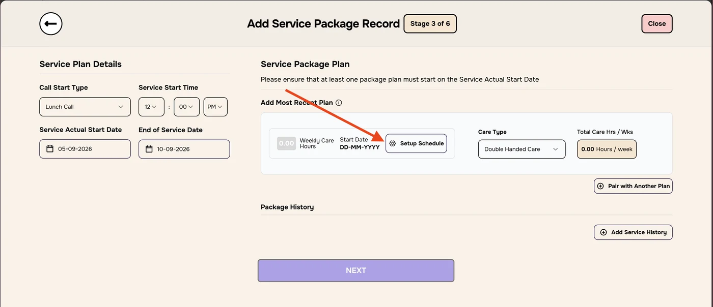 Stage 3 of 6 with Service Plan Details filled in and an arrow pointing to Setup Schedule