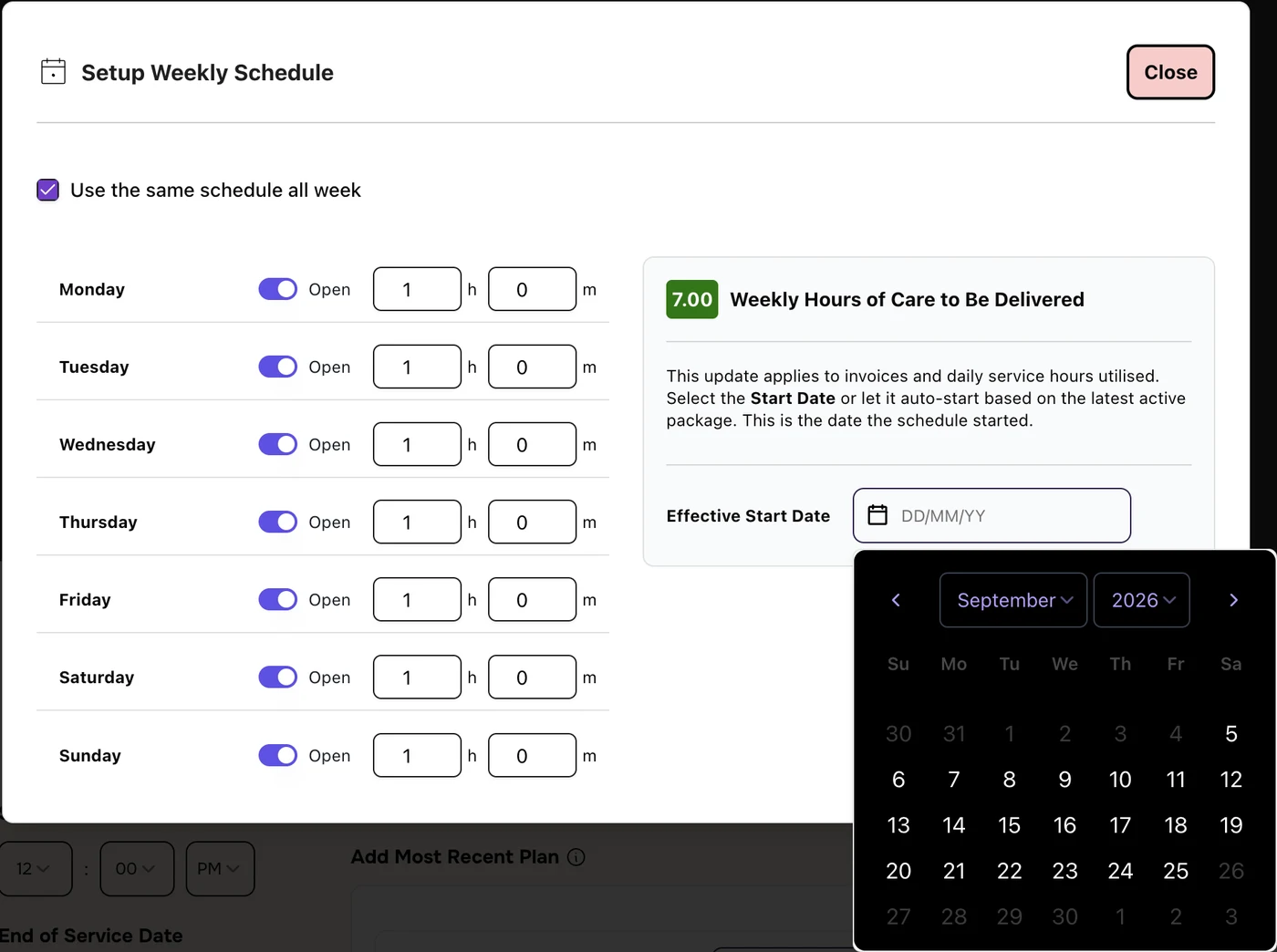 Setup Weekly Schedule with 1 hour every day, 7.00 weekly hours, and the Effective Start Date calendar open