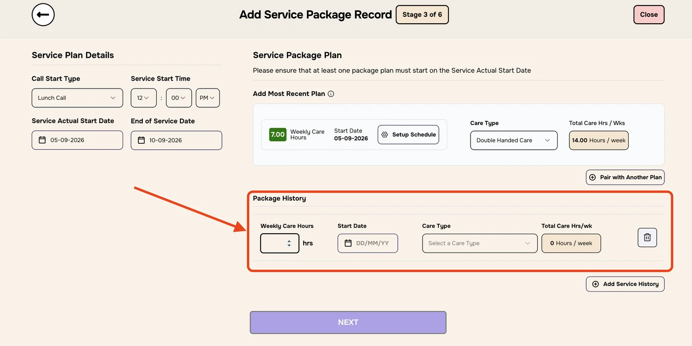 Package History row with Weekly Care Hours, Start Date, Care Type, Total Care Hrs per week and a bin icon