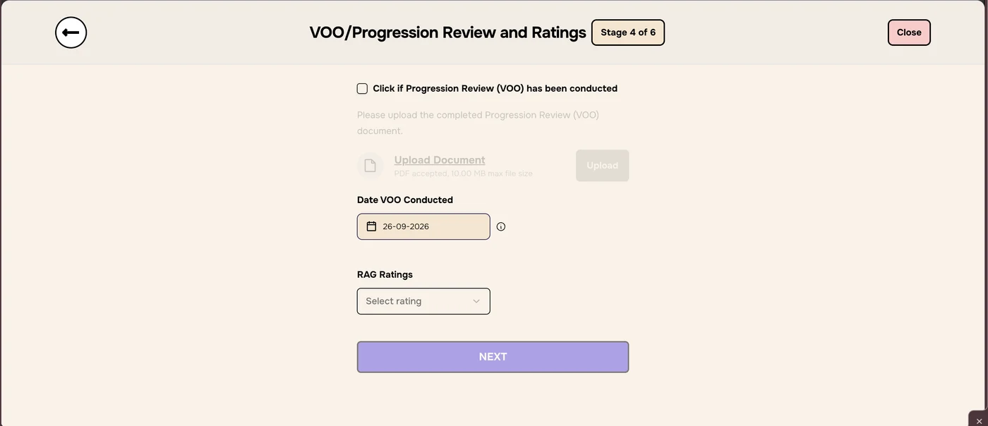 Stage 4 of 6 with a VOO conducted tick box, a greyed-out upload, Date VOO Conducted 26-09-2026 and RAG Ratings