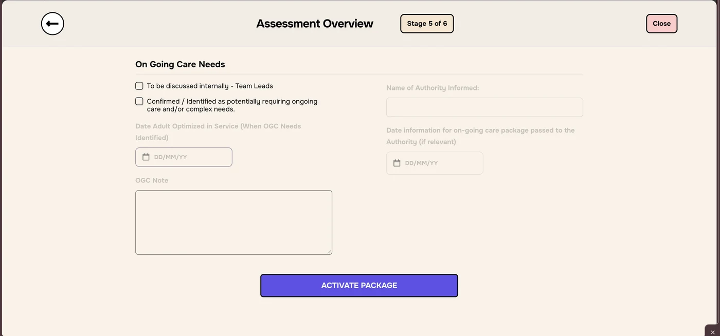 Stage 5 of 6 Assessment Overview with On Going Care Needs and an ACTIVATE PACKAGE button