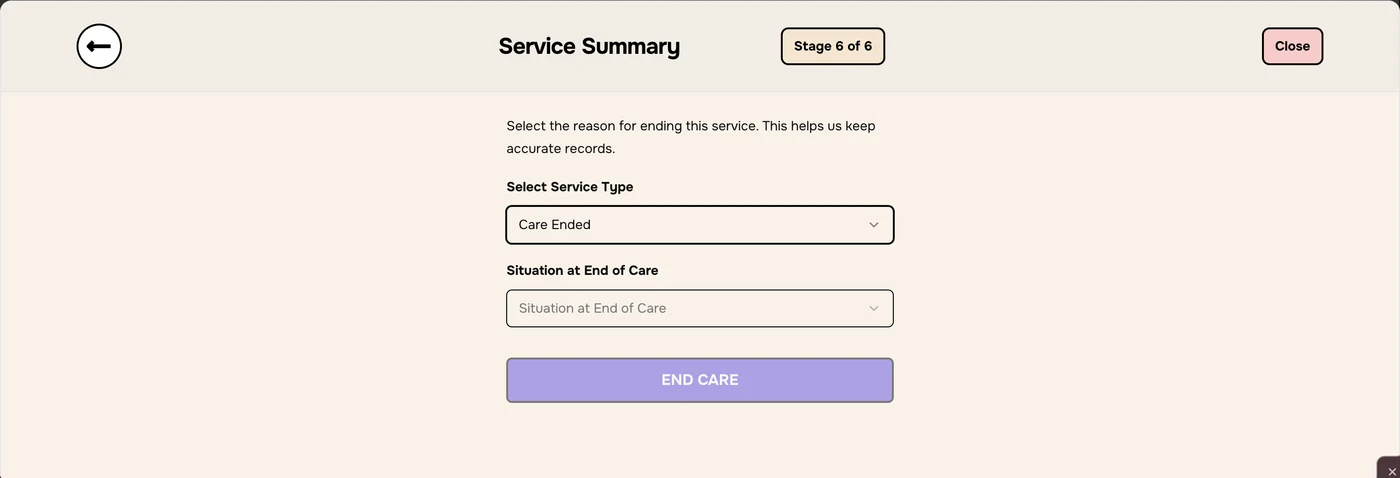 Service Summary with Care Ended selected and an empty Situation at End of Care menu; END CARE is greyed out