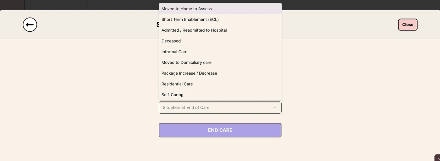 Situation at End of Care menu open, listing nine options
