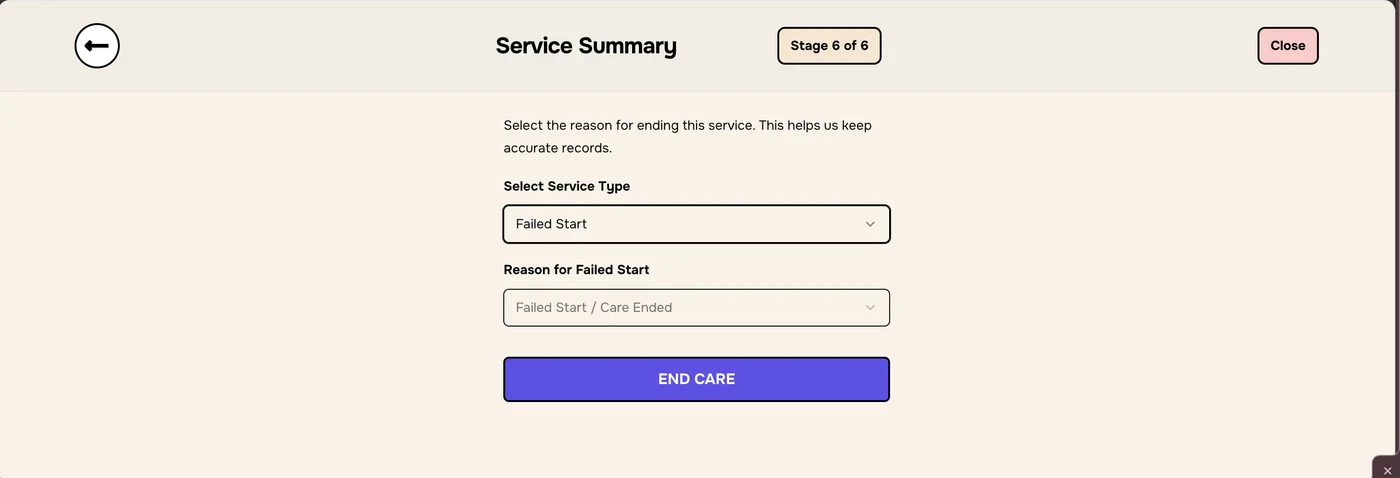 Service Summary with Failed Start selected and a Reason for Failed Start menu