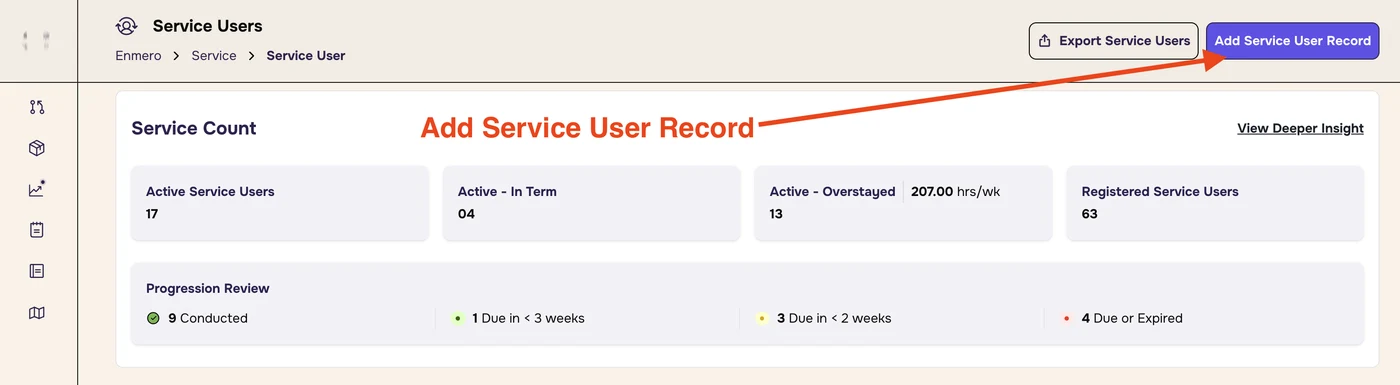 Service Users page with an arrow pointing to the Add Service User Record button, next to Export Service Users