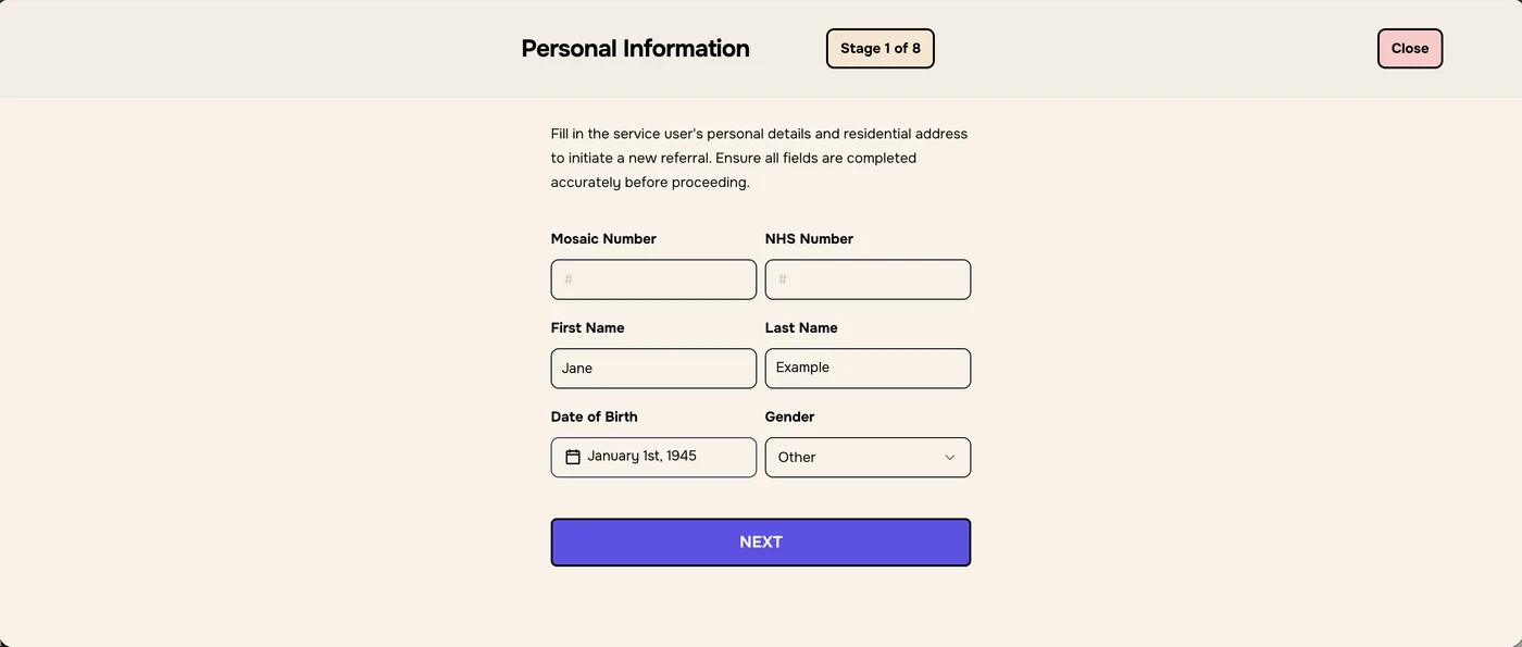 Stage 1 of 8 Personal Information with Mosaic Number, NHS Number, First Name, Last Name, Date of Birth and Gender