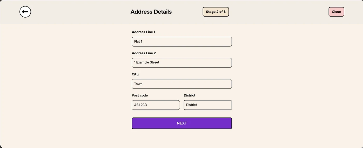 Stage 2 of 8 Address Details with address lines, City, Post code and District