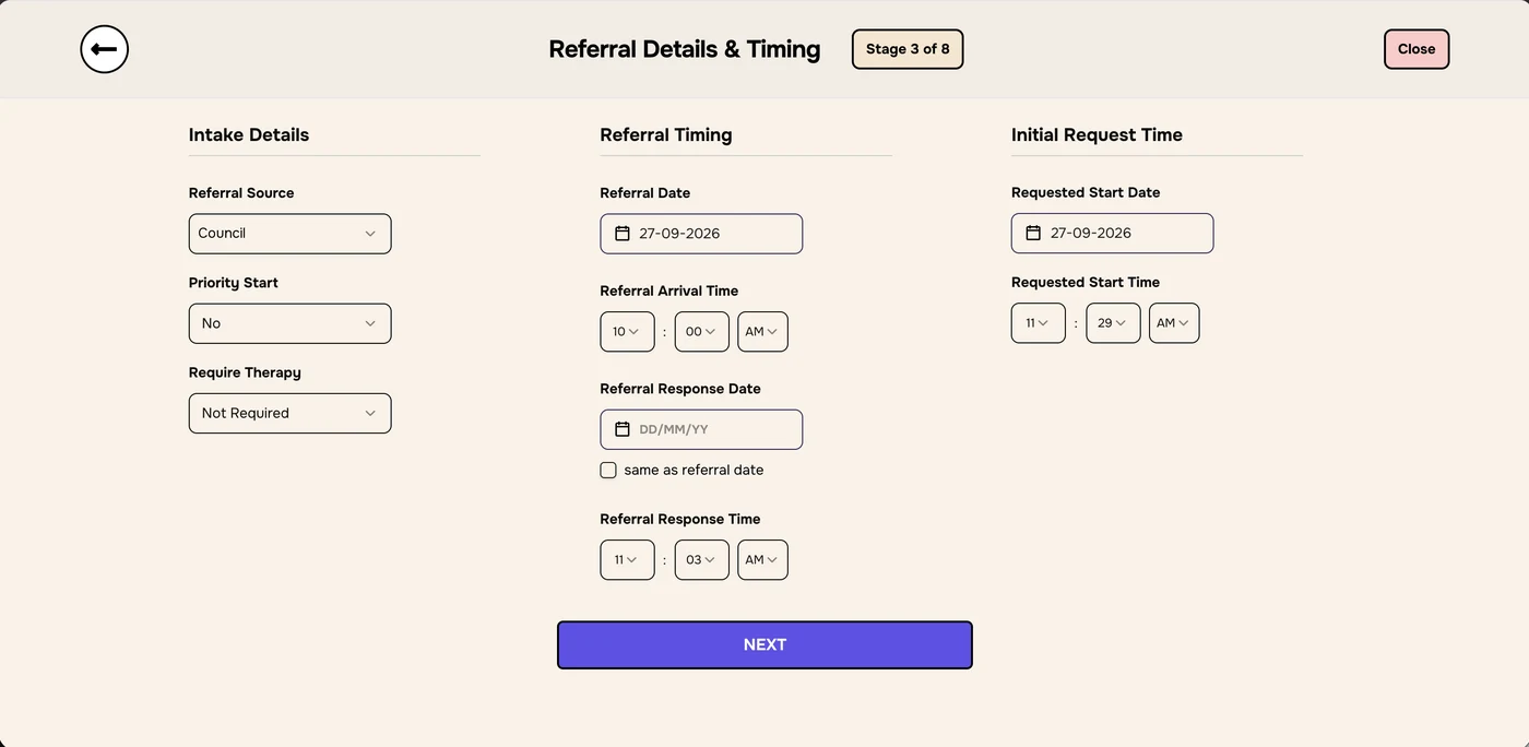 Stage 3 of 8 Referral Details and Timing with Intake Details, Referral Timing and Initial Request Time